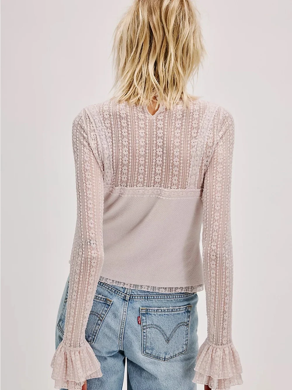 Free People Blush Pink Lace-Trim Long Sleeve Top